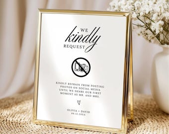 We Kindly Request No Photo Sign Template, Minimal Wedding Sign, No photos on social media before we post first, 5x7 8.5x11 A4 Canva Editable