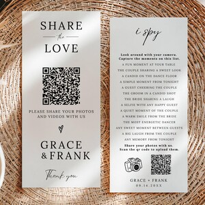 May include: Two white wedding cards with black text. One card says "Share the Love" with a QR code and "Grace & Frank". The other card says "i spy" with a list of moments and a QR code.