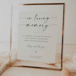 May include: A framed sign with the words "in loving memory" in elegant script. The sign includes a heartfelt message and the names Olivia & David, with a date. The frame is gold, and the background is a soft, neutral color.