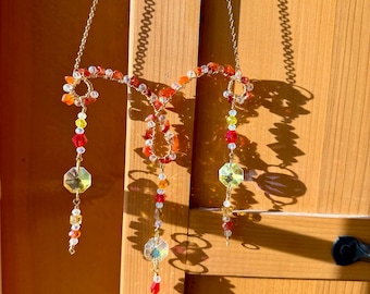 Aries Sun Catcher | Carnelian & Glass Bead Wire Wrapped Wall Hanging | Gold Chain | Zodiac Gift