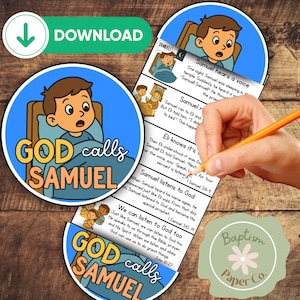 May include: A children's educational craft kit with the text "GOD calls SAMUEL". The kit includes a circular illustration of a boy in bed, and a booklet with Bible verses. The kit is designed for children.