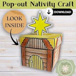 May include: A pop-out Nativity craft depicting a paper house with a star. The house is brown with a yellow roof and a round door. Text includes "Pop-out Nativity Craft", "Look Inside", and "Download".