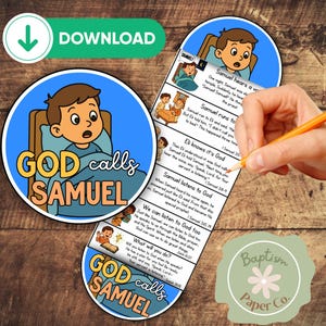 May include: A circular sticker and a vertical bookmark featuring cartoon illustrations of a boy in bed with the text GOD calls SAMUEL. The bookmark includes a sequence of panels depicting the biblical story of Samuel with printed text and scripture references.