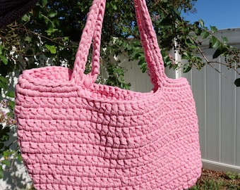 Hand-Crocheted T-Shirt Yarn Tote Bag – Eco-Friendly & One-of-a-Kind