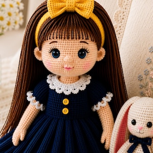 Baby Doll Crochet Pattern PDF Bundle | Bunny Companion, Yellow Bow, Navy Ribbed Dress, Removable Shoes & Socks