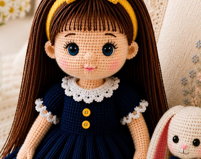 Baby Doll Crochet Pattern PDF Bundle | Bunny Companion, Yellow Bow, Navy Ribbed Dress, Removable Shoes & Socks