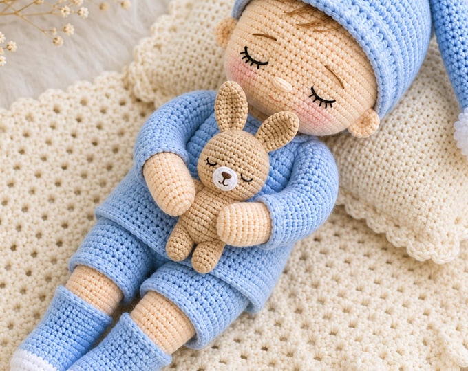 Sleeping Baby Boy Crochet Pattern PDF, Amigurumi Baby Doll, 30cm Doll Pattern, Bunny Plush, 4 Outfit Options, 10 Languages