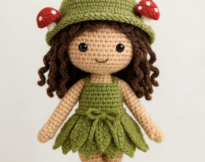Hariyali Woodland Sprite Doll Crochet Pattern PDF | Amigurumi Fairy Doll with Mushroom Hat & Leaf Dress | Cute Crochet Toy DIY 35 Cm