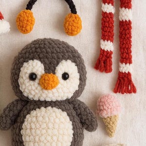 Schema pinguino all'uncinetto in PDF – Giocattolo amigurumi con accessori invernali (download digitale)