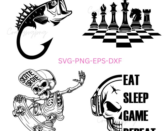 Edgy Skull SVG Bundle | Skateboard Skeleton, Gamer Skull, Fishing Hook, Chess Pieces | SVG PNG Dxf Eps | Cool Digital Clipart for Cricut