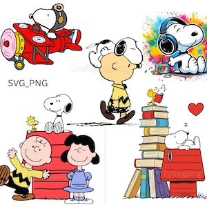 Könnte beinhalten: Eine Sammlung von Snoopy- und Peanuts-Charakteren in verschiedenen Posen. Snoopy wird in einem roten Flugzeug, mit Kopfhörern und schlafend auf seiner Hundehütte dargestellt. Weitere Charaktere sind Charlie Brown, Lucy und Woodstock.