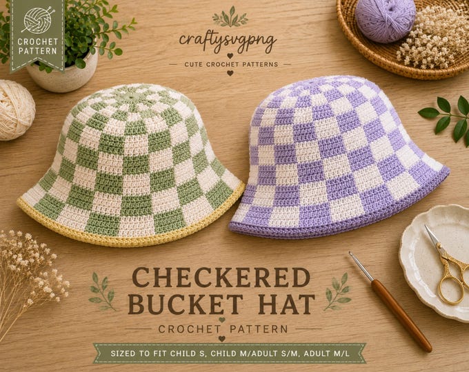 Easy Checkered Crochet Bucket Hat Pattern PDF, Summer Cotton Hat for Adults & Kids DIY Tutorial