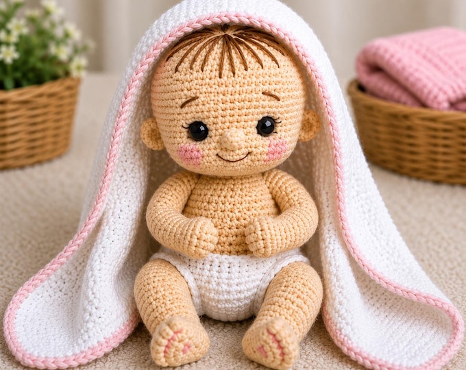 Baby Doll Crochet Pattern PDF | Amigurumi Baby with Hooded Towel Wrap, Diaper Cover & Romper | 10 Languages | US Terms | Instant Download