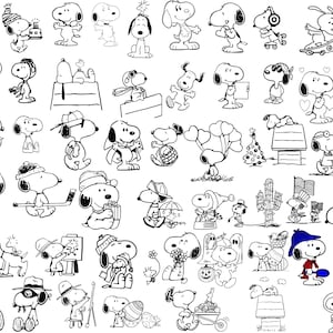 Puede incluir: Una colección de ilustraciones en blanco y negro de Snoopy en varias poses y actividades. Snoopy se representa con diferentes accesorios, incluyendo sombreros, auriculares y sosteniendo objetos como flores y palos de hockey. Las imágenes son de estilo caricatura.