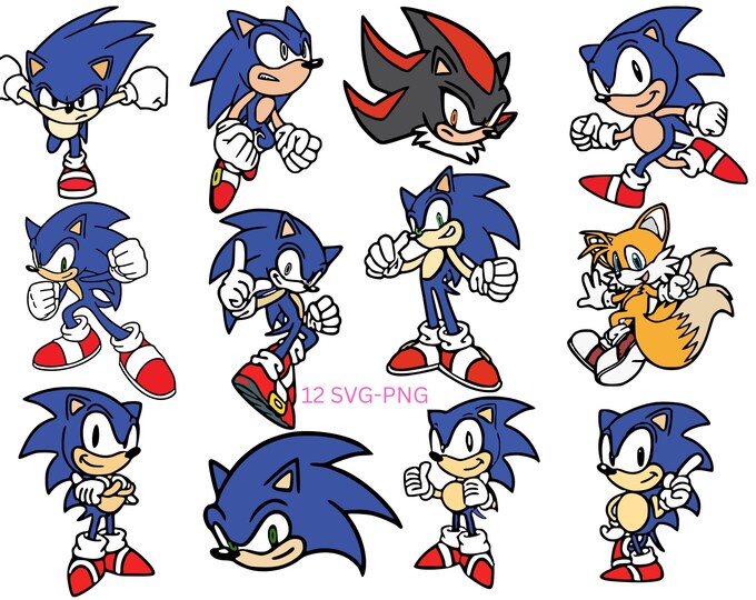 12 SVG/PNG Designs Bundle Sonic the Hedgehogg illustrated by Jimmyy Jimmyy, highlighting the character's signature speed and vibrant colors.