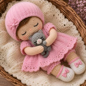 Sleeping Baby Girl Doll Crochet Pattern PDF | Amigurumi Baby Doll with Outfit, Bonnet & Tiny Kitten | Beginner Friendly Plush Toy Pattern