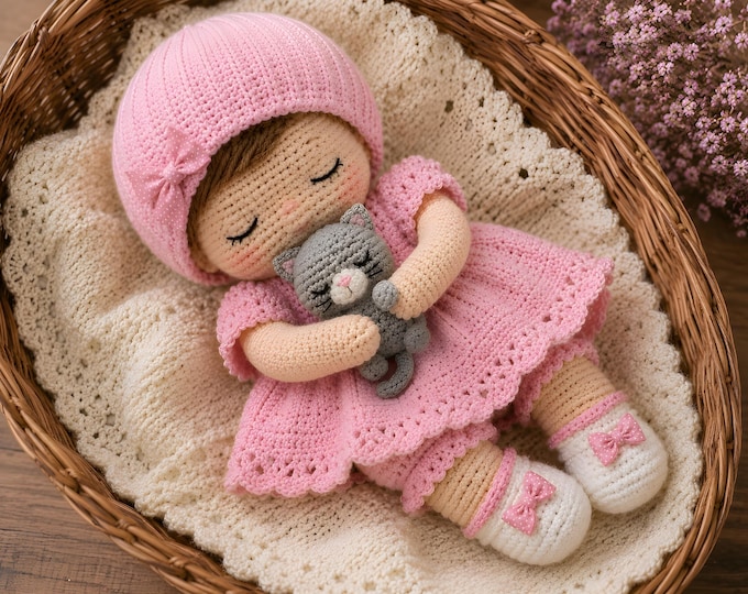 Sleeping Baby Girl Doll Crochet Pattern PDF | Amigurumi Baby Doll with Outfit, Bonnet & Tiny Kitten | Beginner Friendly Plush Toy Pattern