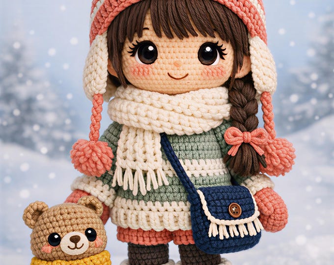 Winter Crochet Doll Pattern PDF, Amigurumi Girl Doll with Teddy Bear, Beginner Friendly Crochet Pattern, Cute Winter Outfit Doll DIY