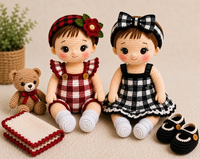 Baby Doll Crochet Pattern PDF Bundle, Amigurumi Doll Pattern with Clothes, Buffalo Plaid Romper, Dress, Hats & Teddy Bear