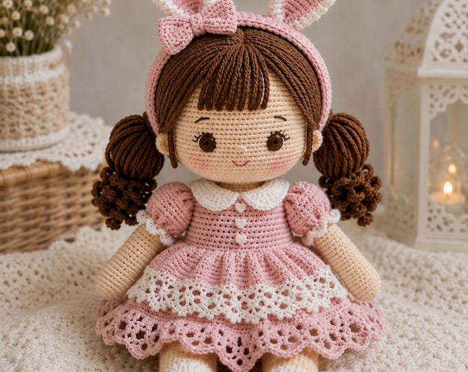 Bunny Ears Sitting Doll Crochet Pattern PDF | Baby Girl Amigurumi Plush Toy | Pink Lace Dress & Removable Headband | Easy Crochet Doll