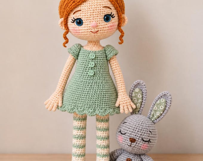 Amigurumi Doll and Bunny Pattern PDF, Crochet Girl Doll Tutorial, Stuffed Toy, Photo Guide