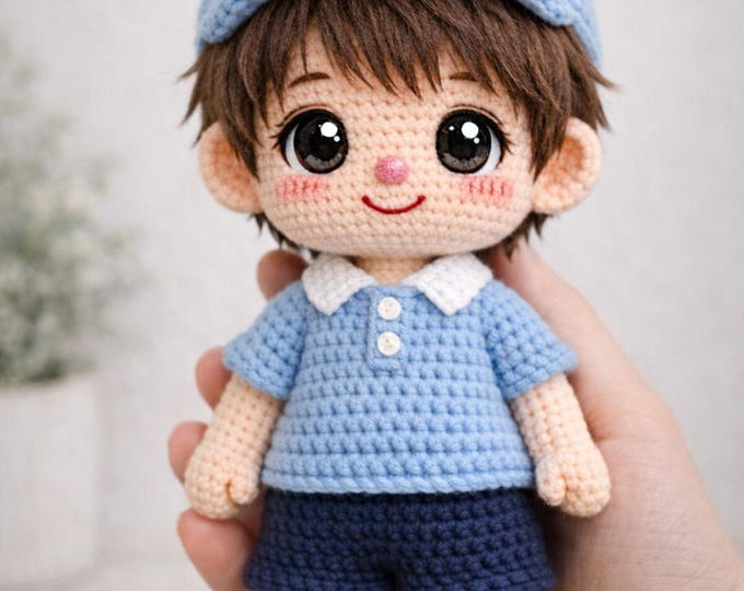 Standing Crochet Doll Pattern Boy Amigurumi PDF, Toddler Doll with Clothes, Cap, Shoes, Beginner Friendly Crochet Pattern