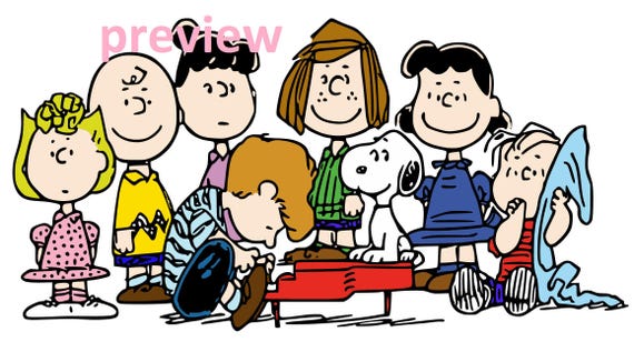 Designs snoopyy characters, including Charliee Brownn and Snoopyy, walking together in a line on a sunny day. Snoopyy Friends gang -1