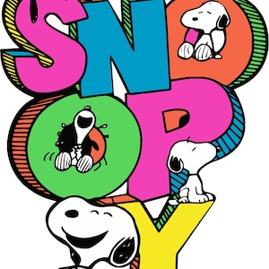 May include: Colorful graphic featuring the word "SNOOPY" in large, block letters. Each letter is a different color, with Snoopy characters incorporated into the design. The image has a cartoon style and a white background.
