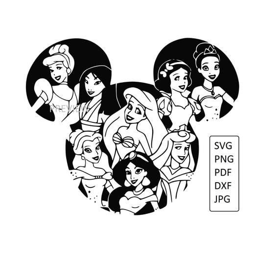 Fairy Tale Princess Silhouette Bundle in Mouse Head Shape – SVG, PNG, PDF, Dxf, Jpg