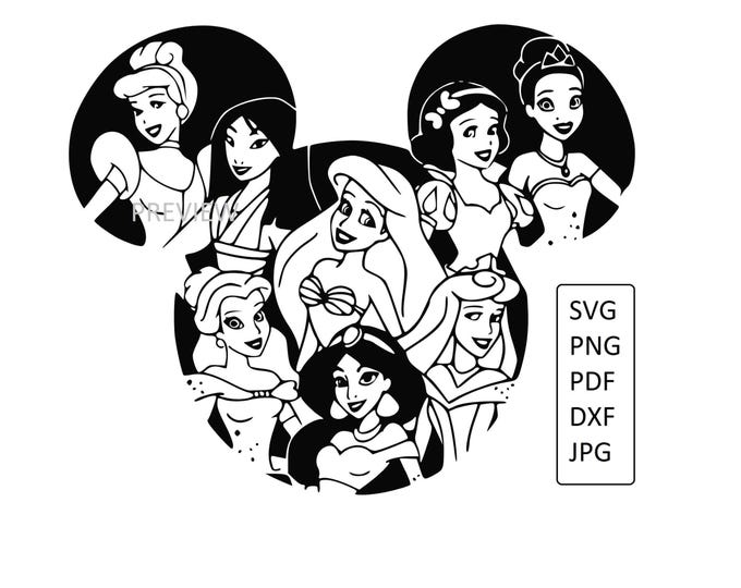 Fairy Tale Princess Silhouette Bundle in Mouse Head Shape – SVG, PNG, PDF, Dxf, Jpg