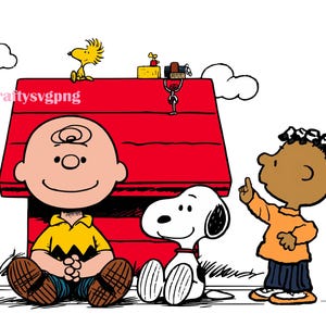 May include: A cartoon illustration featuring Charlie Brown, Snoopy, and other Peanuts characters. Charlie Brown is wearing a yellow shirt and brown shoes. Snoopy is white with black ears. A red doghouse is in the background.
