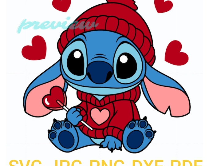 Cute Kawaii Alien Valentine Clipart – Blue Cartoon Character in Cozy Heart Sweater – Love Lollipop Digital Download SVG PNG JPG Dxf Pdf
