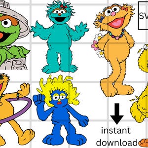 May include: A collection of cartoon character illustrations, including Oscar the Grouch in a trash can, a teal monster, a yellow character with a flower necklace, a yellow character with a hula hoop, a blue character, and Big Bird. The image includes the text "instant download".