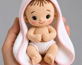 Schema Uncinetto Bambola Bebè PDF | Bambola Amigurumi con Asciugamano con Cappuccio, Pannolino e Tutina | 10 Lingue | Download Istantaneo