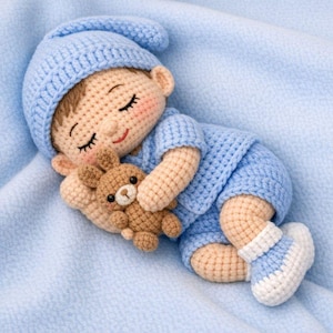 Può includere: Bambola per neonati all'uncinetto con cappello, camicia e pantaloncini blu, con calzini blu e bianchi. La bambola tiene in braccio un piccolo orsacchiotto marrone ed è sdraiata su una coperta blu. La bambola ha gli occhi chiusi e guance rosee.