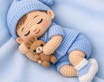 Modello PDF per bambola all'uncinetto facile / Neonato amigurumi addormentato / Completo con vestitino, scarpine e coniglietto / Adatto ai principianti / Download immediato