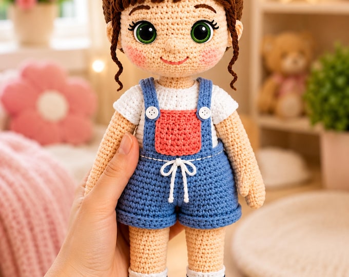 Mia Doll Crochet Pattern PDF by Craftysvgpng | 53cm Amigurumi Doll | Blue Overalls & Sneakers | English Pattern | Intermediate Crochet