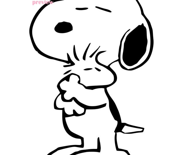 Cute Hand-Drawn Dog Illustration in Black and White – Vector Style, Snoopyy dog hugging yellow bird or Woodstock yellow bird