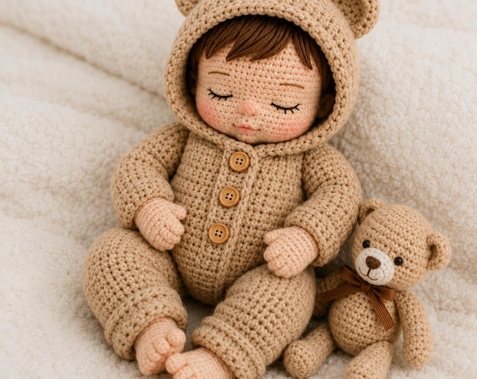 Sleeping Baby Doll Crochet Pattern PDF | Bear Hooded Romper Amigurumi | Realistic Baby Plush Toy Tutorial | English Pattern