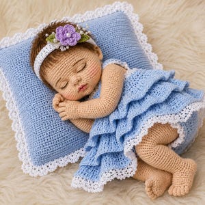 Può includere: Bambola per neonati all'uncinetto con gli occhi chiusi, indossa un vestito blu con finiture in pizzo bianco e una fascia bianca con un fiore viola. La bambola è sdraiata su un cuscino azzurro con finiture in pizzo bianco.