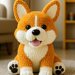 Puede incluir: Un juguete de perro corgi hecho a mano con hilo naranja y blanco. El perro tiene ojos negros, una lengua rosa y huellas de patas en los pies. El juguete está sentado sobre una alfombra gris.