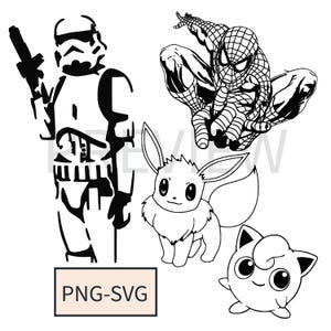 人気の架空のキャラクターの白黒ベクター線画集