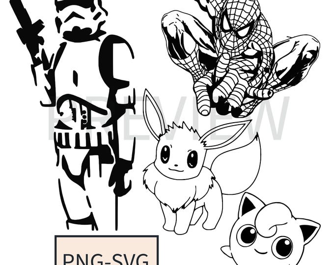 bundle Black and White Vector Line Art of Popular Fictional Characters