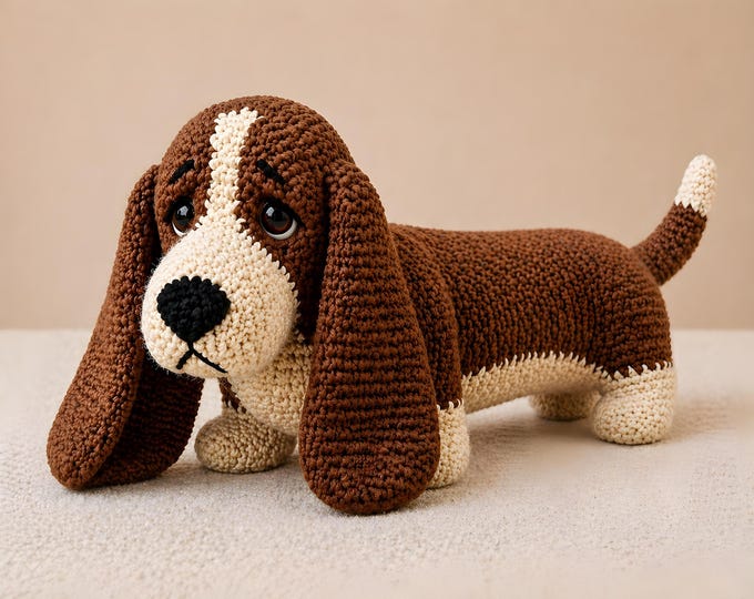 Basset Hound Amigurumi Crochet Pattern PDF | Seamless One-Piece Dog | Long Body Low Stance | Sad Eyes Puppy | Advanced Pattern