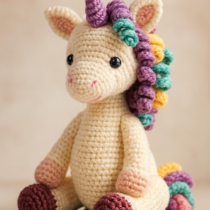 Op de afbeelding: Een crèmekleurige gehaakte eenhoornpop met een paarse hoorn en een regenboogmanen. De eenhoorn heeft zwarte ogen, roze accenten en bordeauxrode hoeven. Hij zit op een groene gehaakte basis.