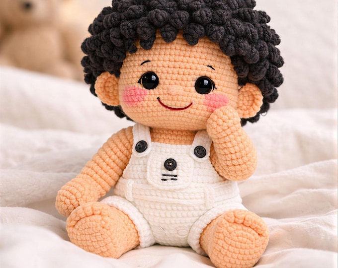 Smiling Sitting Baby Crochet Pattern PDF — Amigurumi Afro Baby Doll, Overalls, Handcrafted Plush Toy — Instant Download