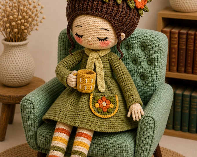 Flower Crown Crochet Doll Pattern PDF, Amigurumi Doll Pattern, Plush Toy, Removable Dress, Chair, Mug, Instant Download