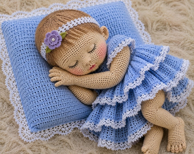 Realistic-Inspired Sleeping Newborn Baby Doll Crochet Pattern PDF | Advanced Amigurumi Doll with Fingers, Toes, Dress & Pillow
