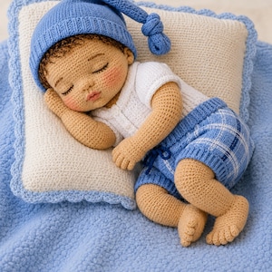 Op de afbeelding: Een handgemaakte gehaakte pop van een slapende baby met een getinte huid, gekleed in een blauwe gebreide muts met een knoop, een wit shirt met korte mouwen en een blauwe geruite broek, rustend op een crèmekleurig kussen met een blauwe rand.
