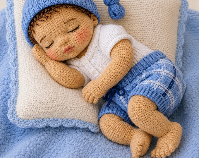 Realistic Sleeping Newborn Baby Boy Crochet Pattern PDF | 3D Face, 5 Fingers & 5 Toes | Amigurumi Doll with Knotted Cap, Bodysuit - Shorts